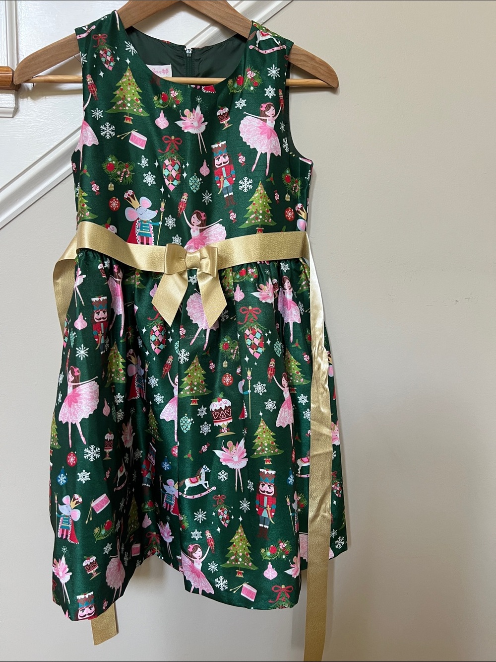 Bonnie Jean Girls Green Holiday Dress Pink Gold Satin Ribbon Fairy Lined Size 12